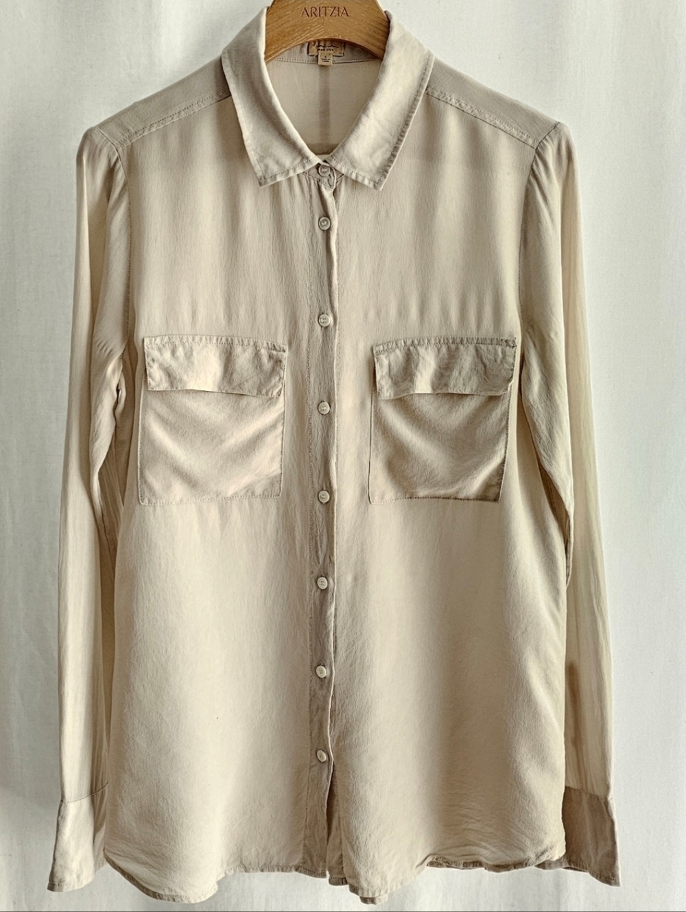 Aritzia Babaton Beige Long Sleeve 100% Silk Button Blouse - Picture 14 of 16